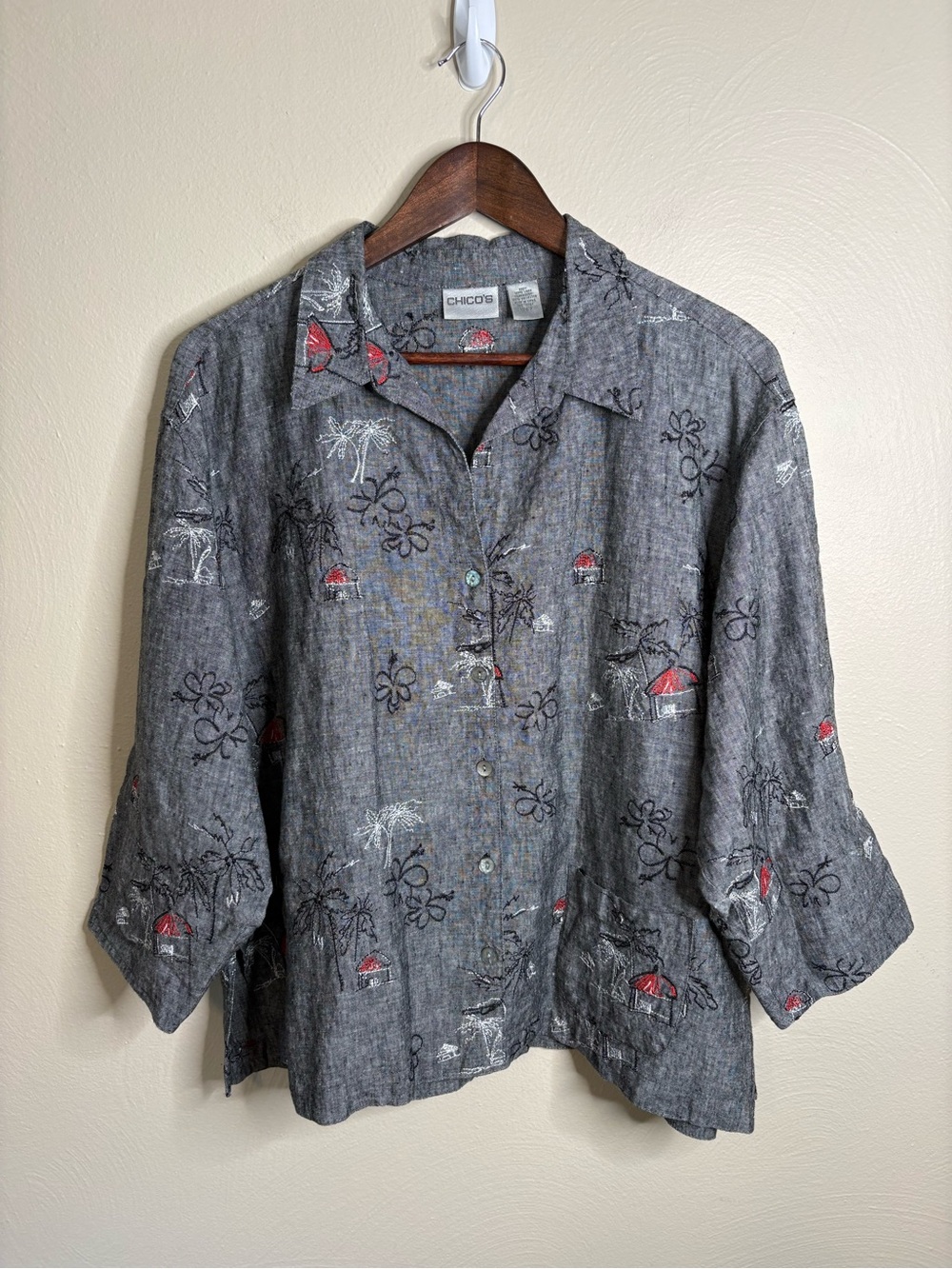 Chico's Linen Shirt Women Size 2 Gray Embroidered Tropical Beach Coastal Summer